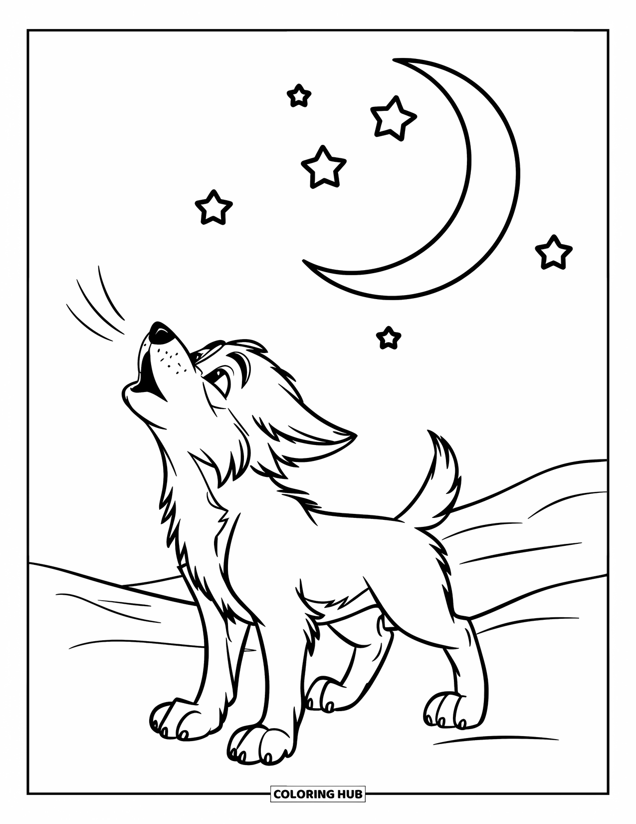 Kolorowanka z wilkiem dla dzieci: Szczeniak wilka wyje do księżyca na śnieżnej ziemi