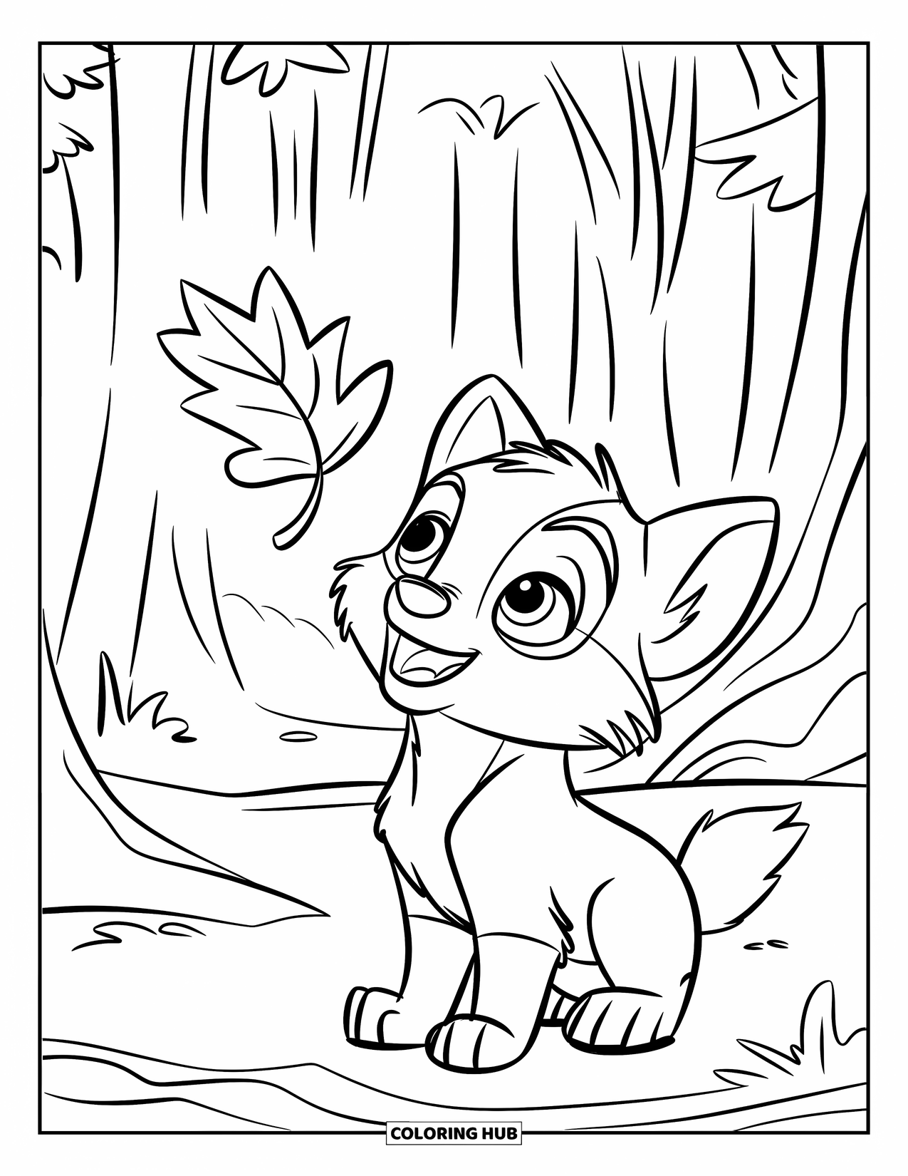 Kolorowanka z wilkiem dla dzieci: Szczeniak wilka patrzy w górę na spadający liść w lesie