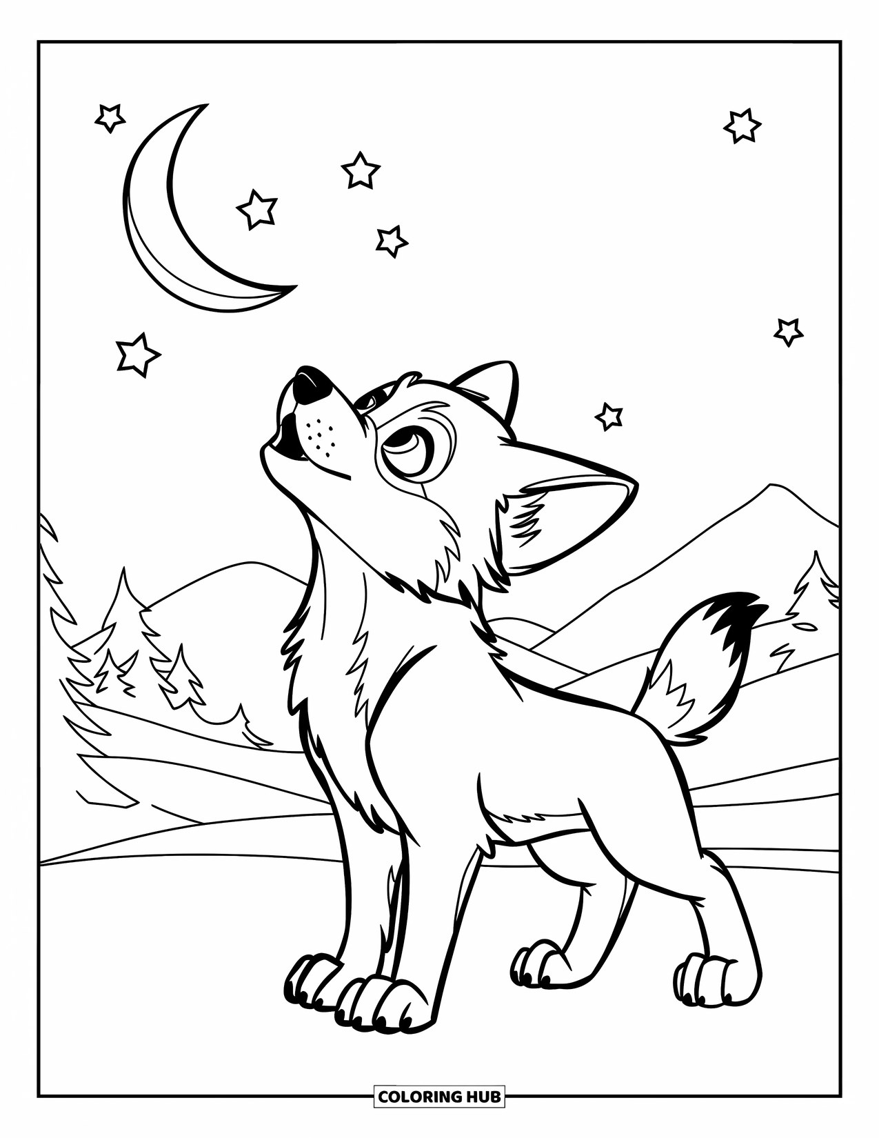 Kolorowanka z wilkiem dla dzieci: Szczeniak wilka stoi wyjąc do księżyca z gwiazdami powyżej