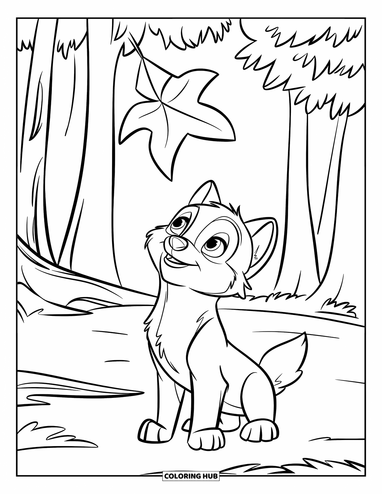 Kolorowanka z wilkiem dla dzieci: Szczeniak wilka obserwuje spadający liść z szeroko otwartymi oczami