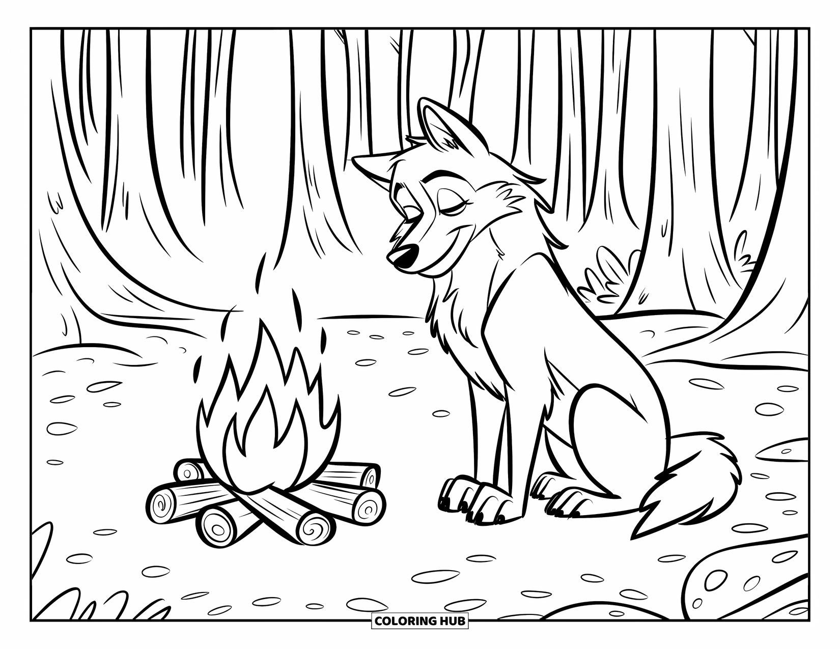 Kolorowanka z wilkiem dla dzieci: Wilk odpoczywa przy ognisku otoczonym wysokimi drzewami