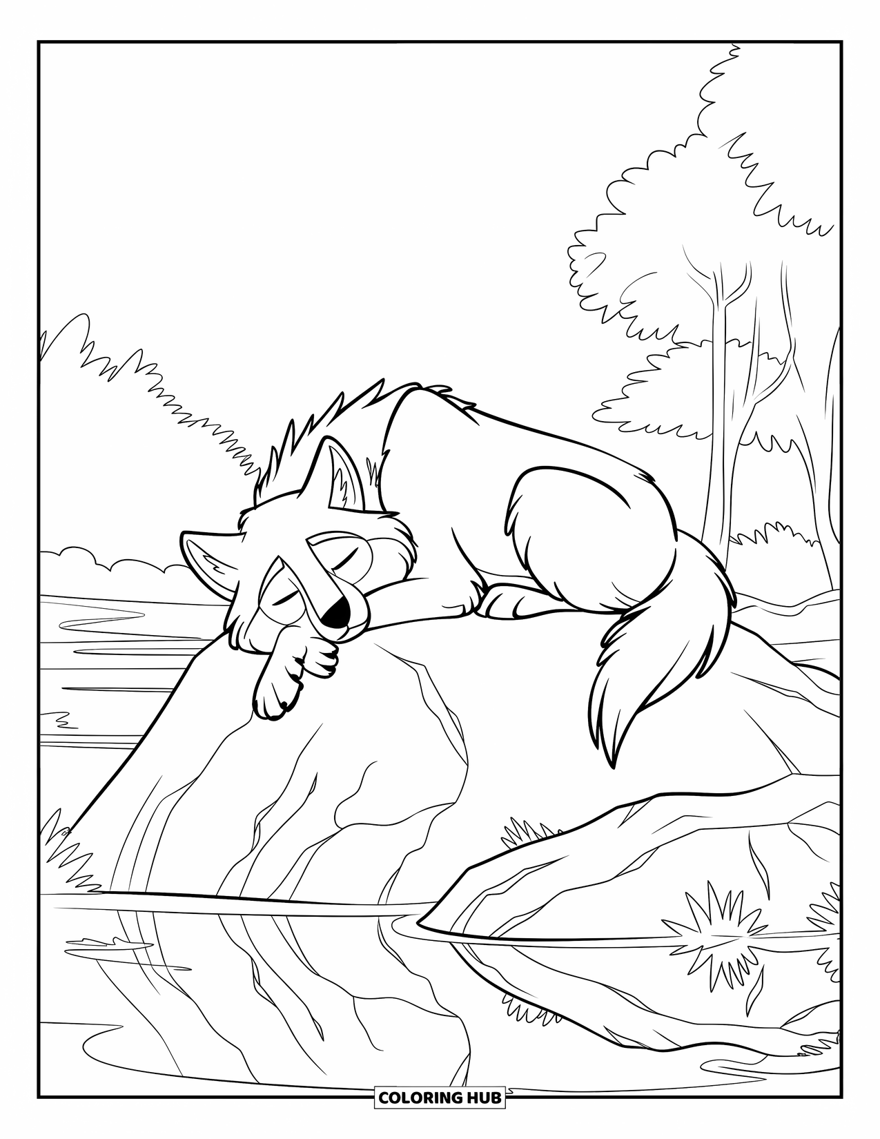 Kolorowanka z wilkiem dla dzieci: Wilk odpoczywa na skale w pobliżu spokojnego jeziora