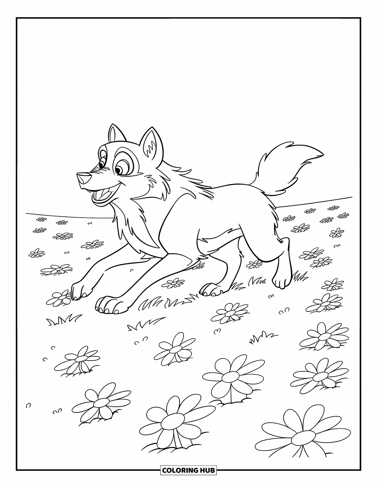 Kolorowanka z wilkiem dla dzieci: Wilk biegnie przez pole usiane kwiatami