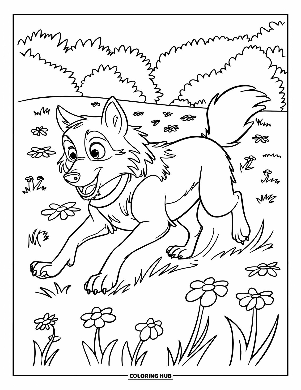 Kolorowanka z wilkiem dla dzieci: Wilk biegnie przez pole z kwiatami i bujnymi drzewami wokół