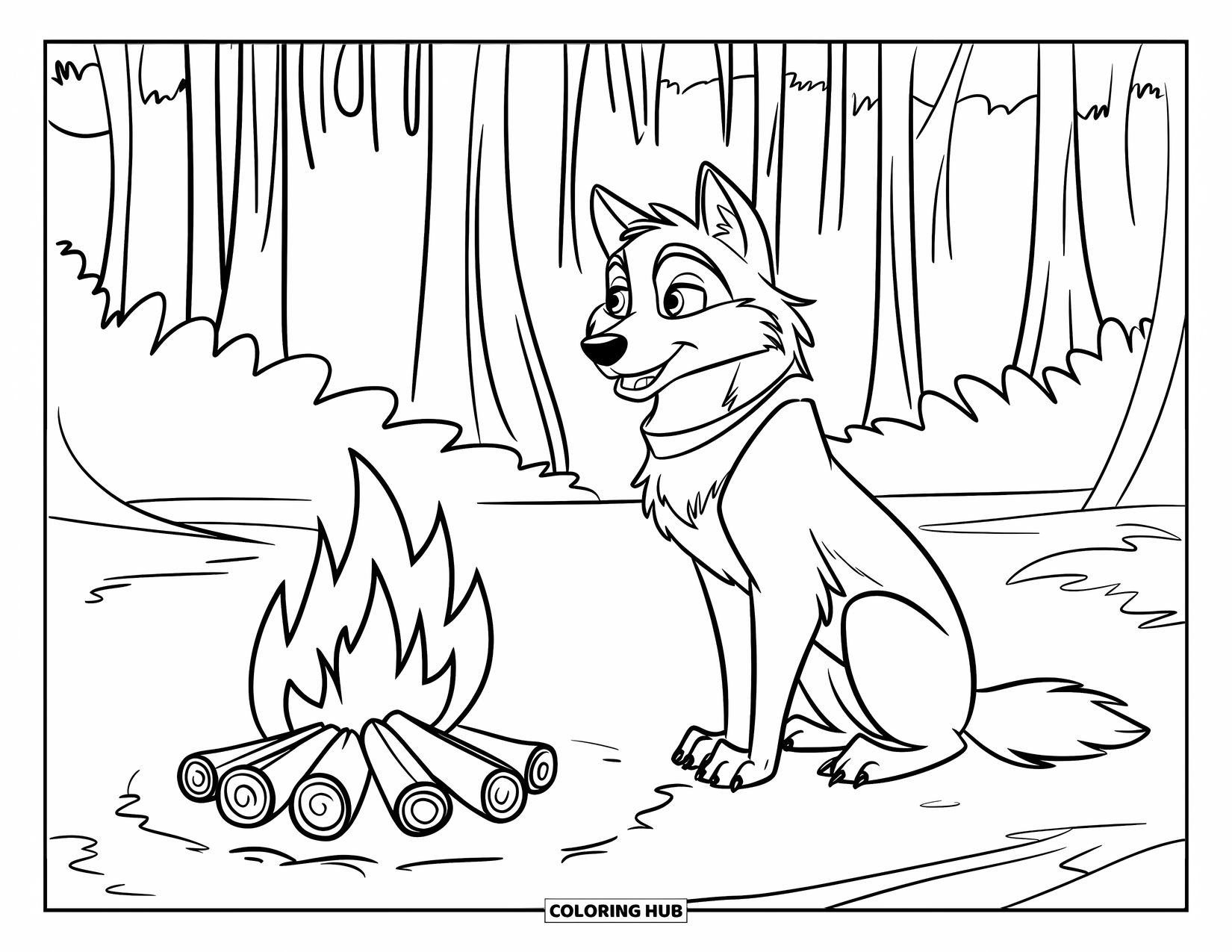 Kolorowanka z wilkiem dla dzieci: Wilk siedzi przy ognisku na leśnej polanie
