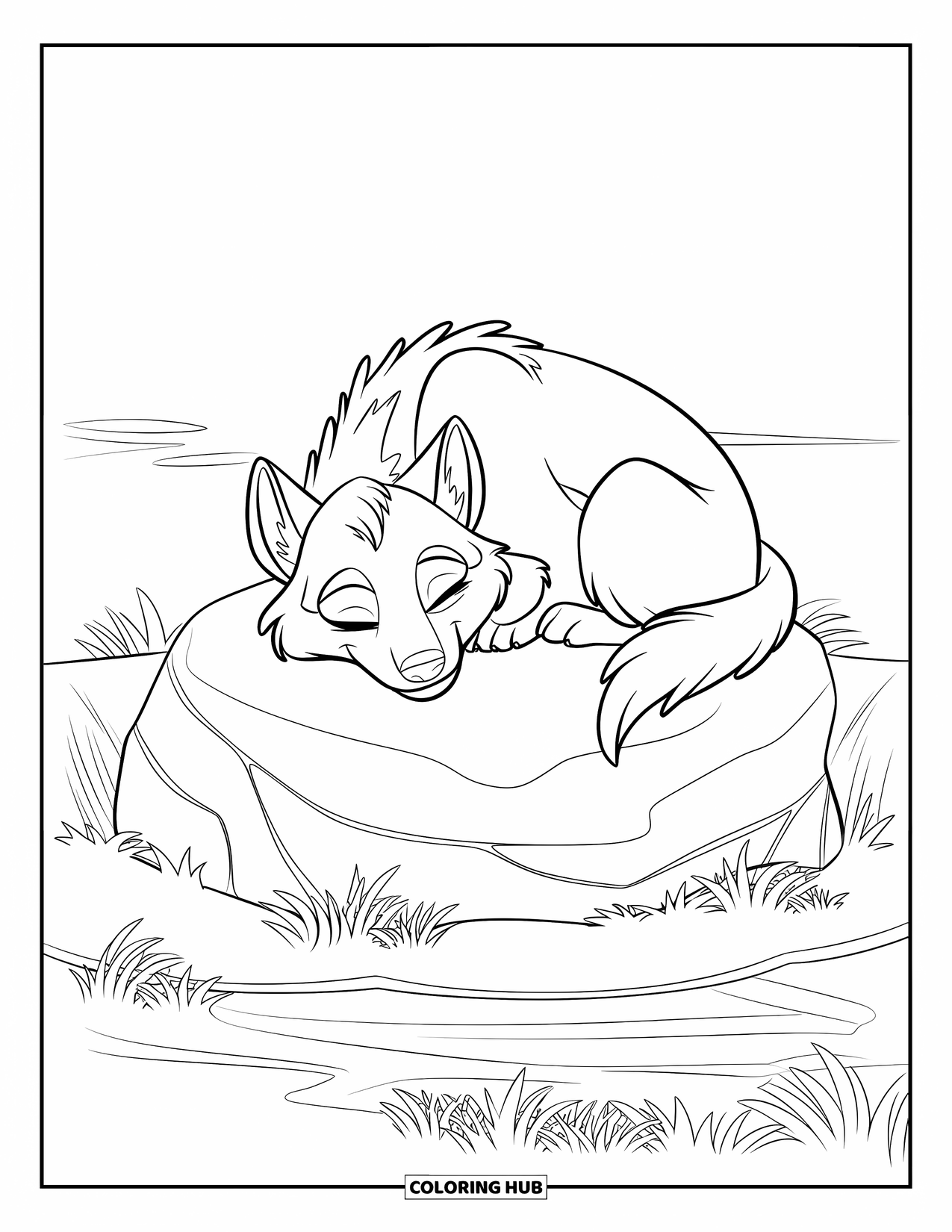 Kolorowanka z wilkiem dla dzieci: Wilk śpi na dużej skale otoczony spokojną przyrodą