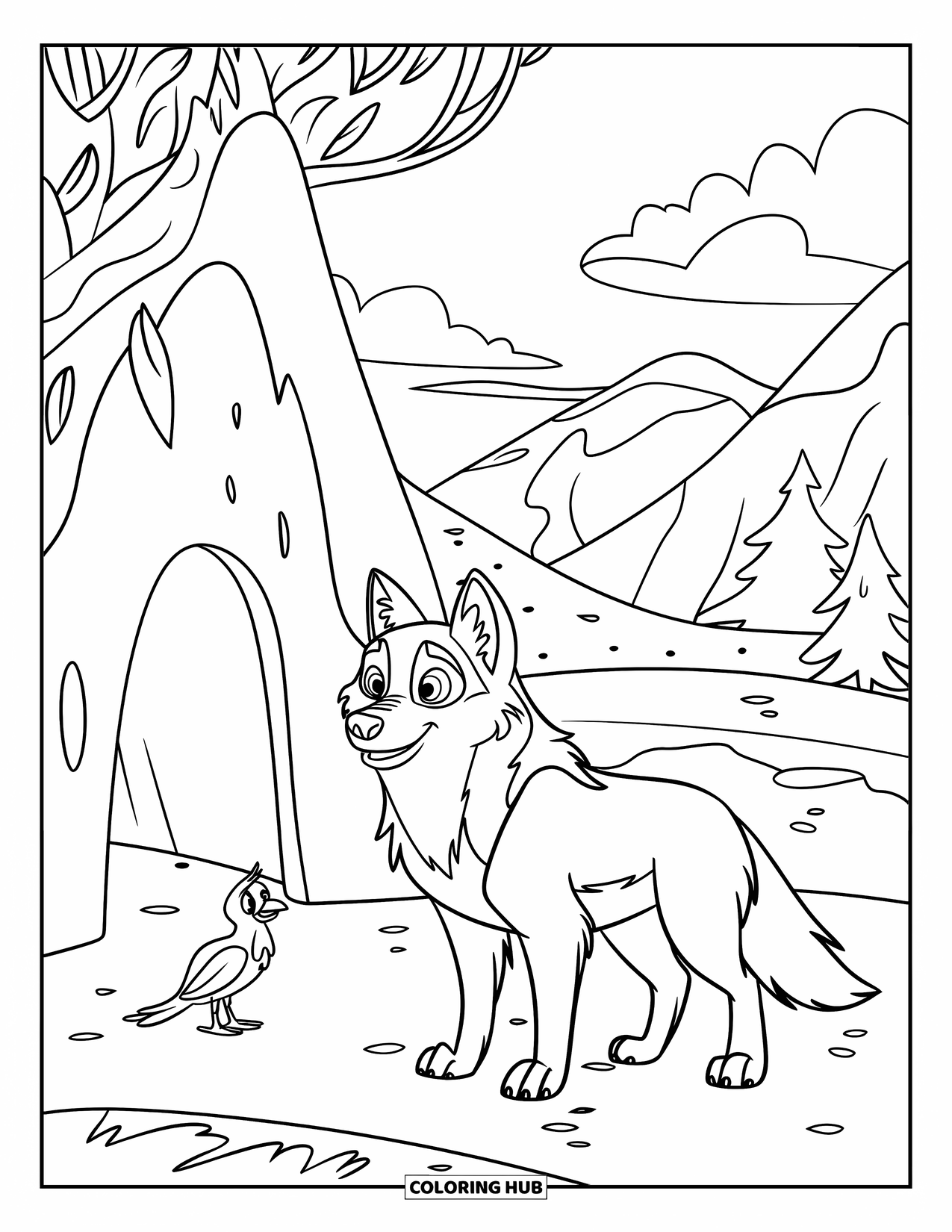 Kolorowanka z wilkiem dla dzieci: Wilk stoi przy jaskini z ptakiem siedzącym w pobliżu
