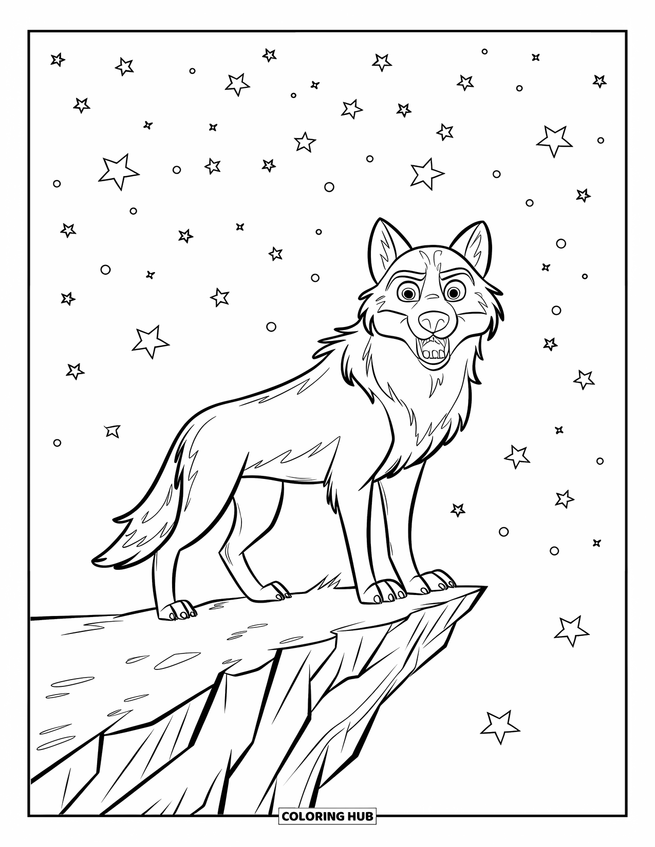 Kolorowanka z wilkiem dla dzieci: Wilk stoi na straży na klifie pod gwiaździstym niebem