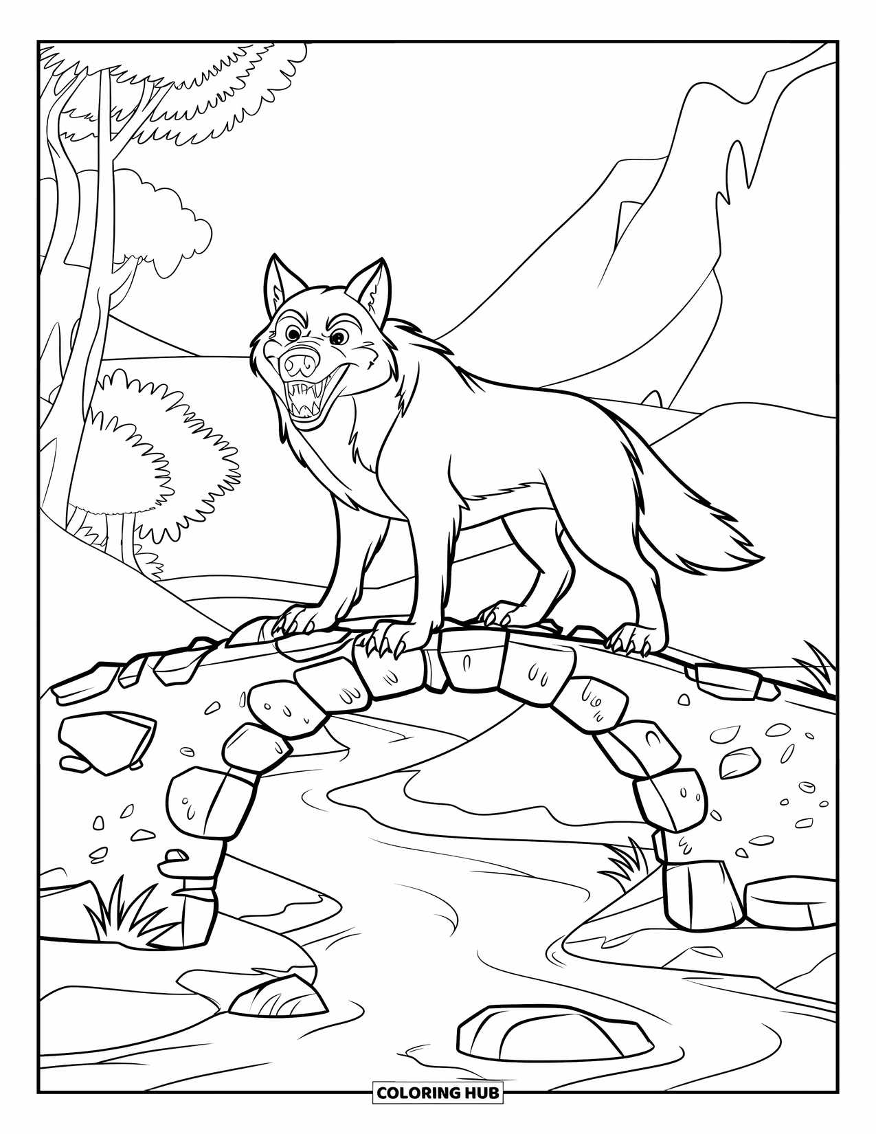 Kolorowanka z wilkiem dla dzieci: Wilk stoi na uszkodzonym kamiennym moście nad rzeką