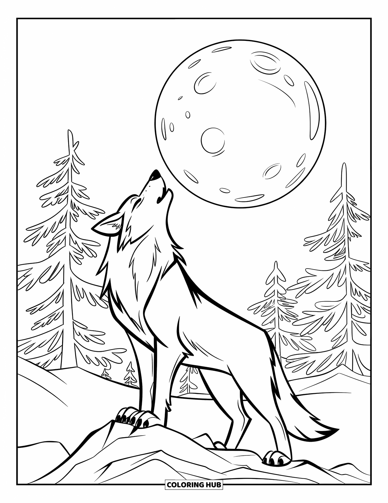 Kolorowanka z wilkiem dla dzieci: Wilk stoi na skałach, wyjąc do jasnego księżyca