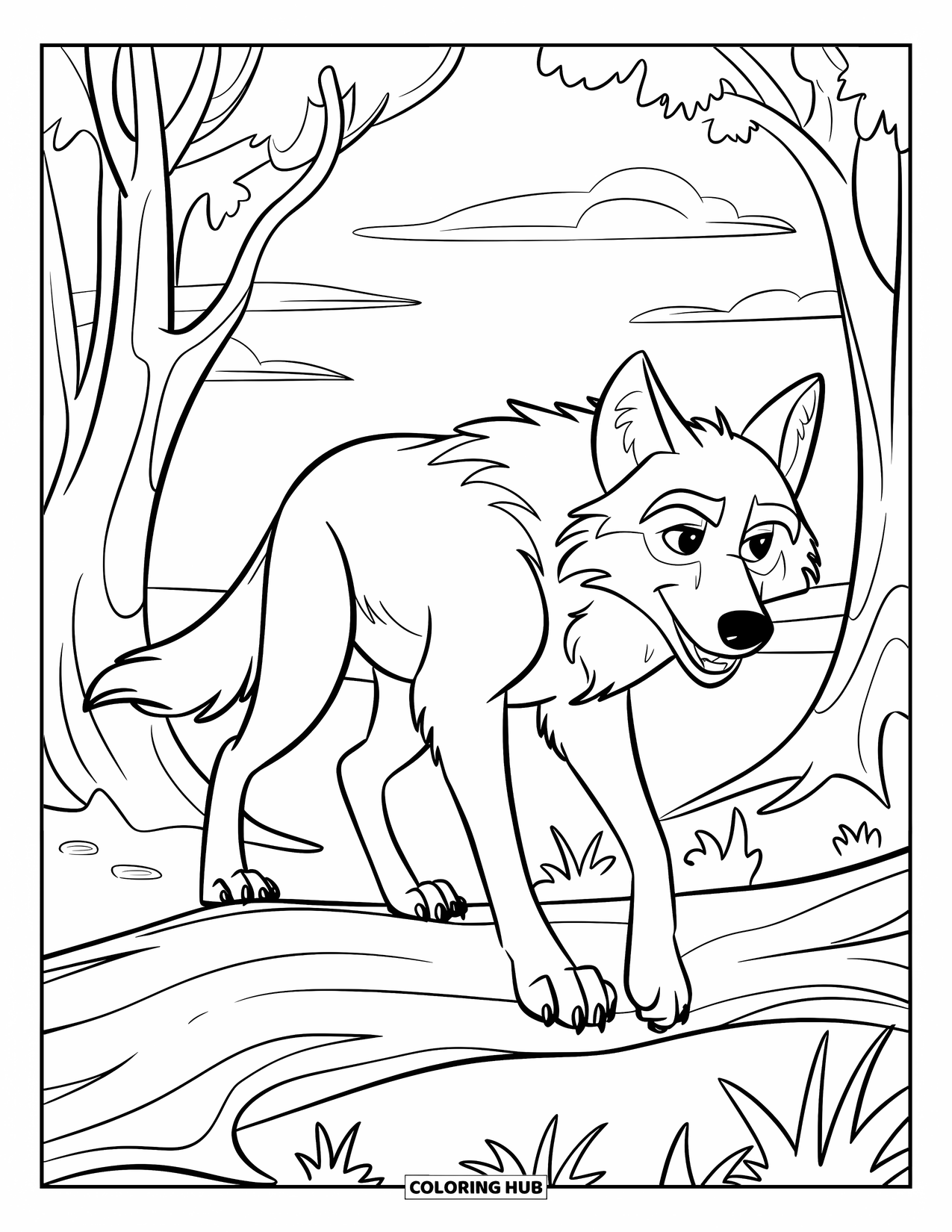 Kolorowanka z wilkiem dla dzieci: Wilk przechodzi przez powalony pień w lesie