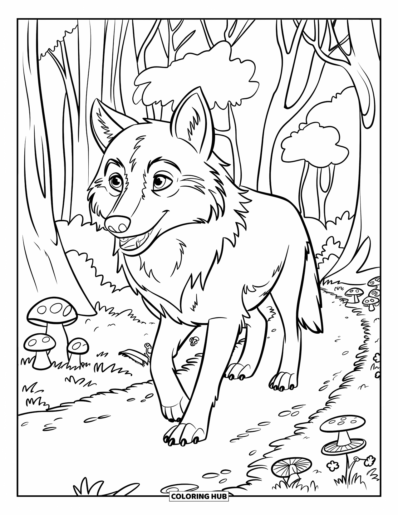 Kolorowanka z wilkiem dla dzieci: Wilk idzie leśną ścieżką z grzybami i polnymi kwiatami