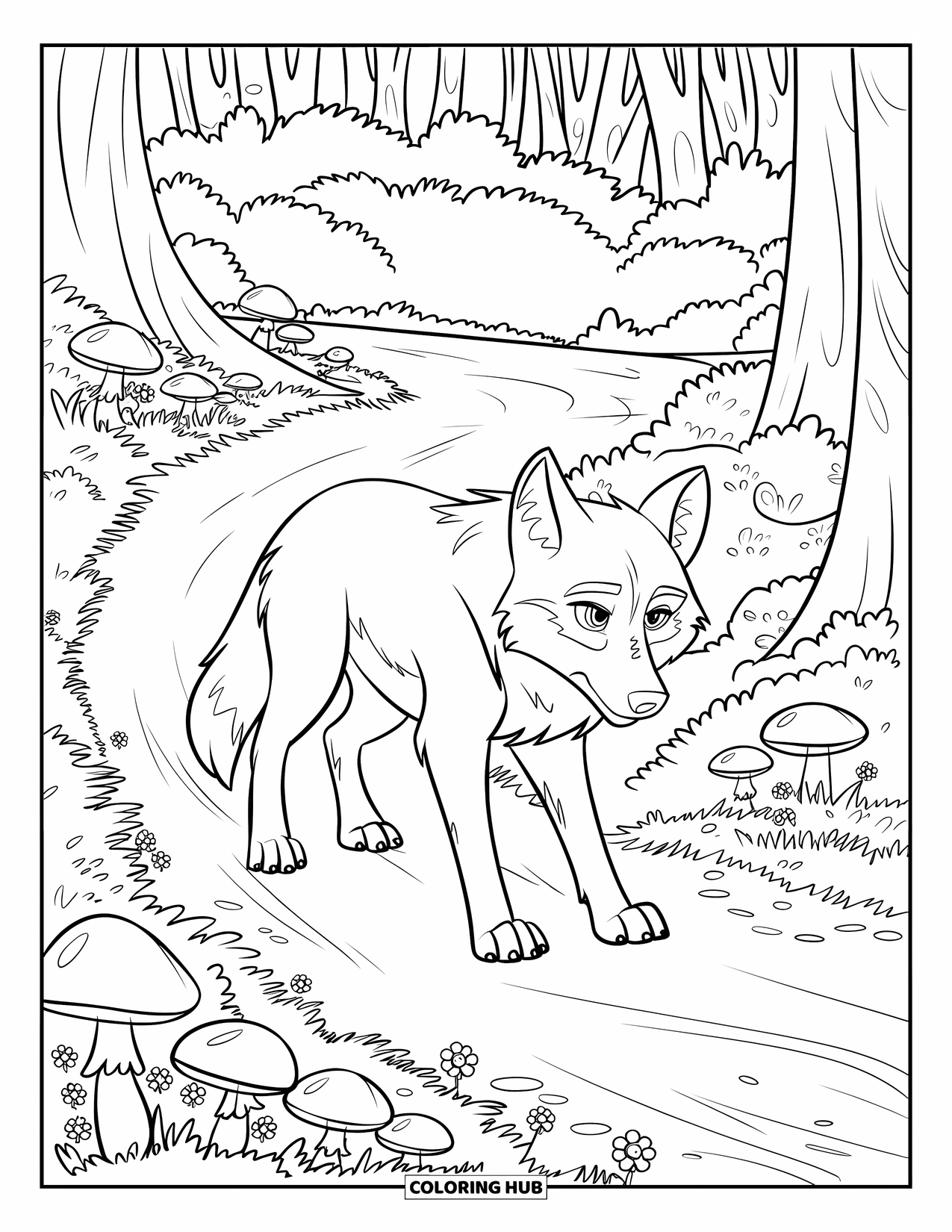 Kolorowanka z wilkiem dla dzieci: Wilk idzie leśną ścieżką obsadzoną grzybami i kwiatami