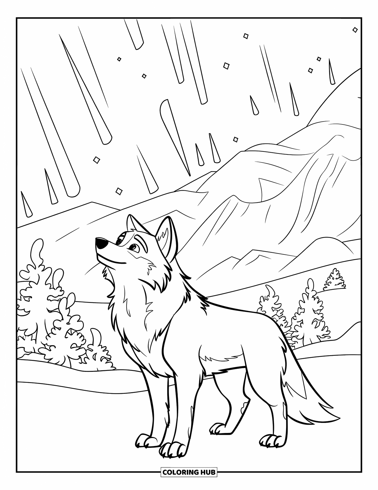 Kolorowanka z wilkiem dla dzieci: Wilk obserwujący zorzę polarną w śnieżnej scenerii