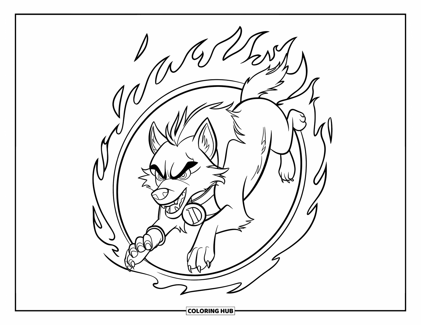 Kolorowanka z wilkiem dla dzieci: Wilk w obroży, przeskakujący przez płomienie