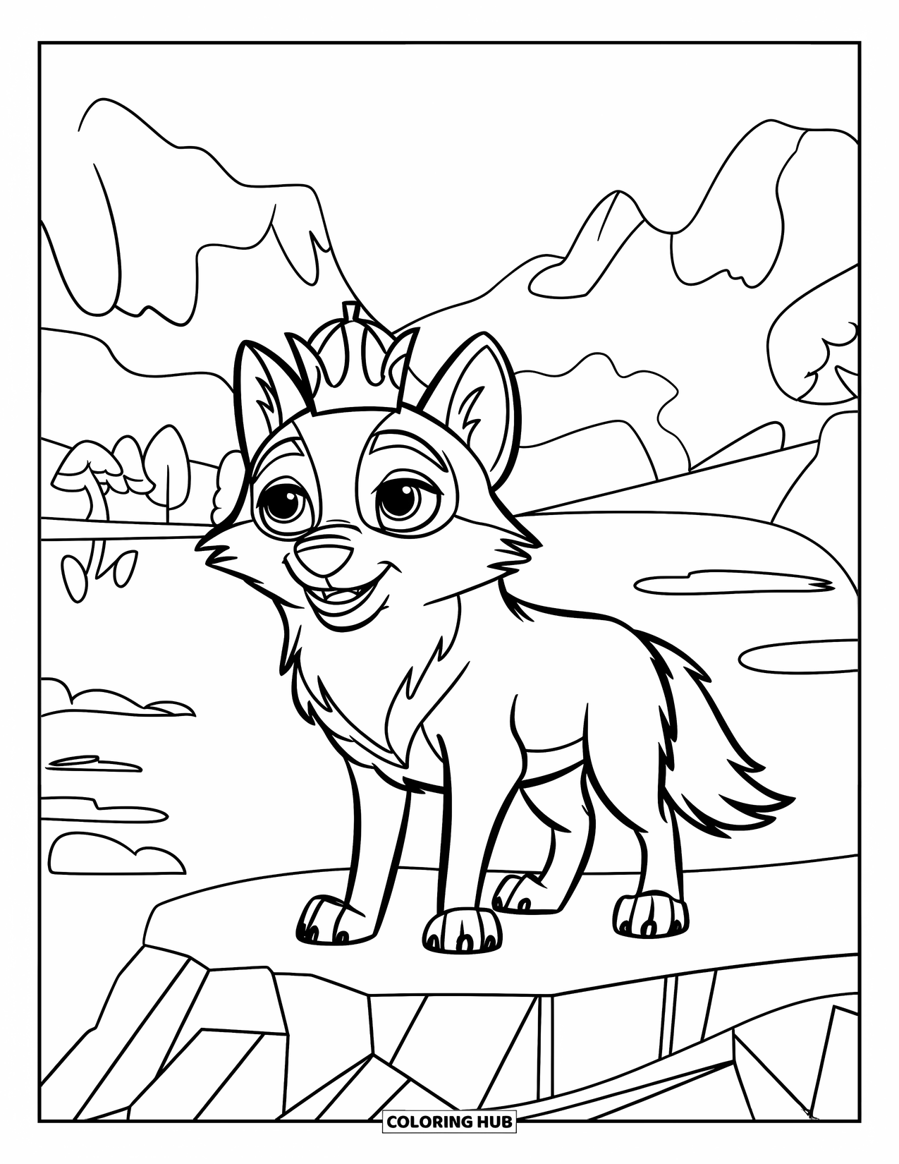Kolorowanka z wilkiem dla dzieci: Wilk w koronie stoi pewnie na skalistym podłożu