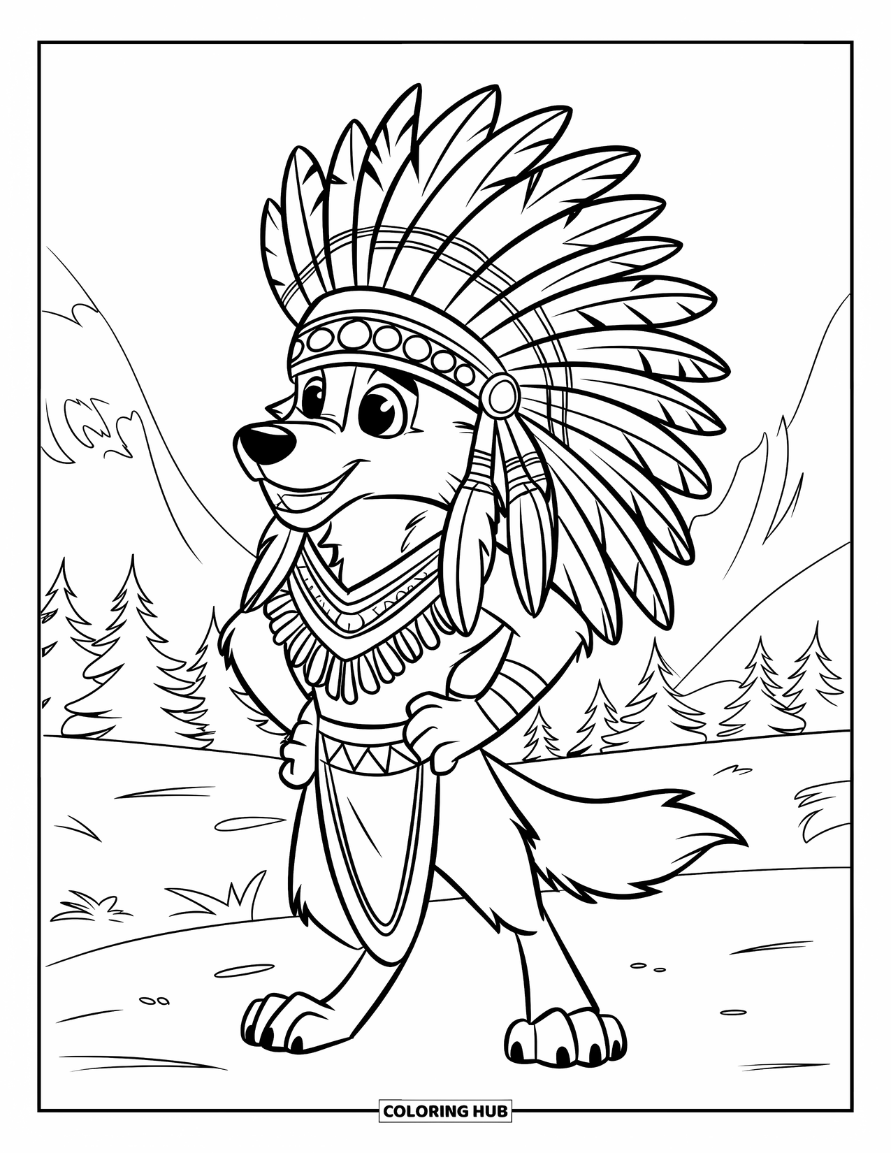 Kolorowanka z wilkiem dla dzieci: Wilk w pióropuszu i przepasce na biodra stoi pewnie w naturze