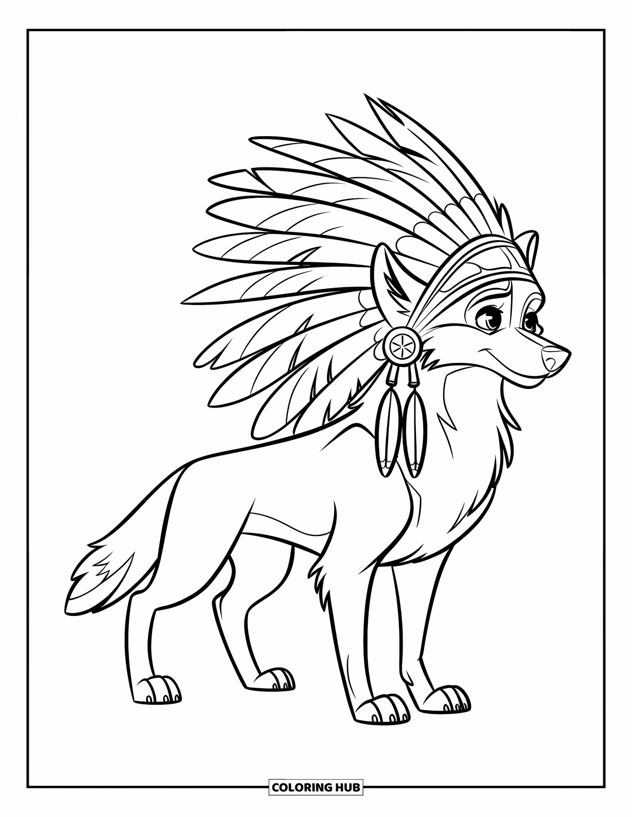 Kolorowanka z wilkiem dla dzieci: Wilk w pióropuszu, stojący dumnie