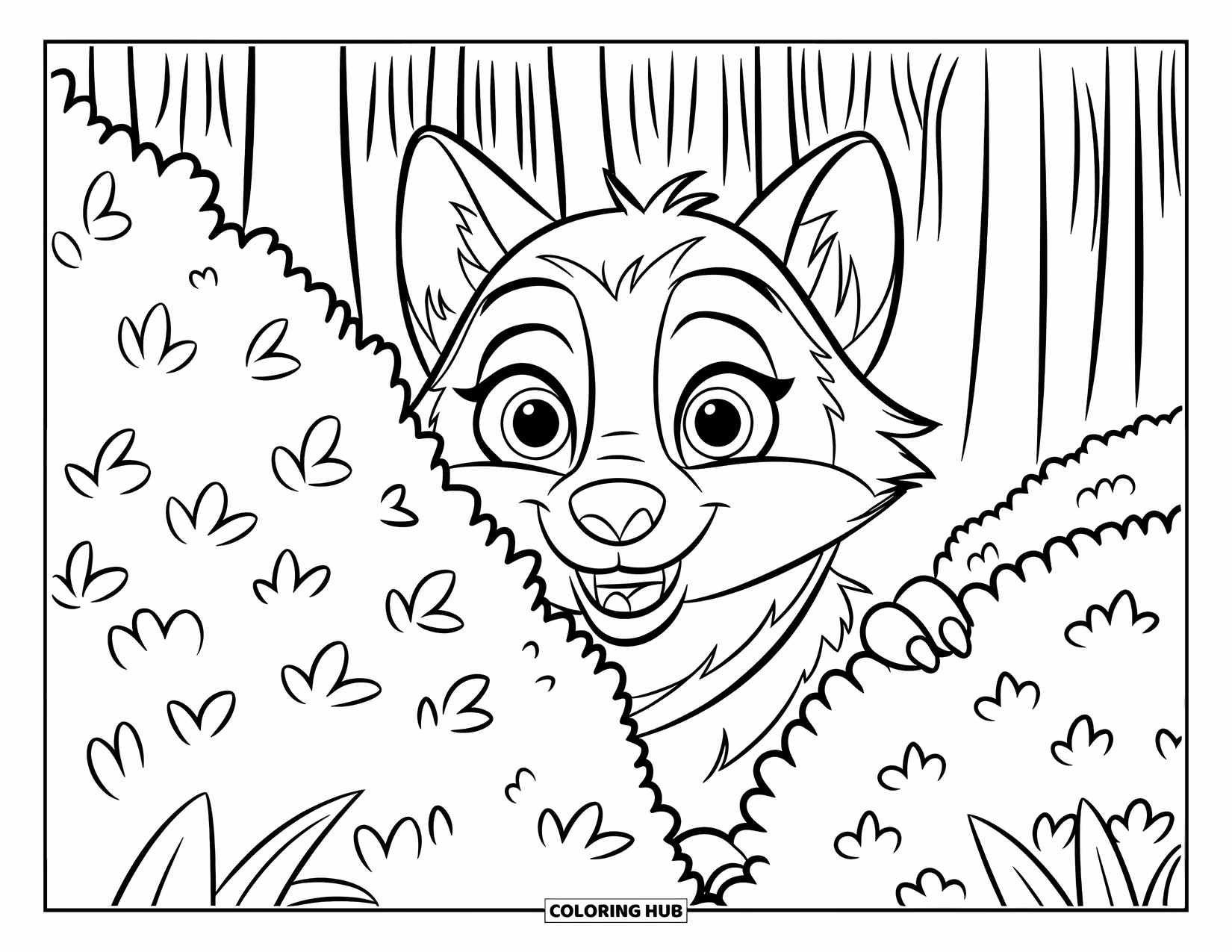 Kolorowanka z wilkiem dla dzieci: Wilk z obrożą wygląda zza liściastego krzaka