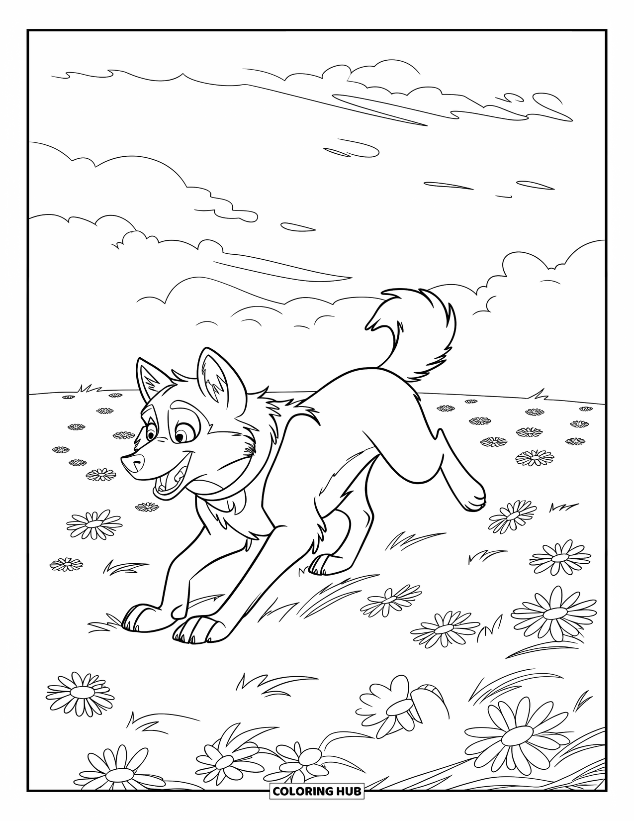 Kolorowanka z wilkiem dla dzieci: Wilk z obrożą biegnie przez pole pełne kwiatów