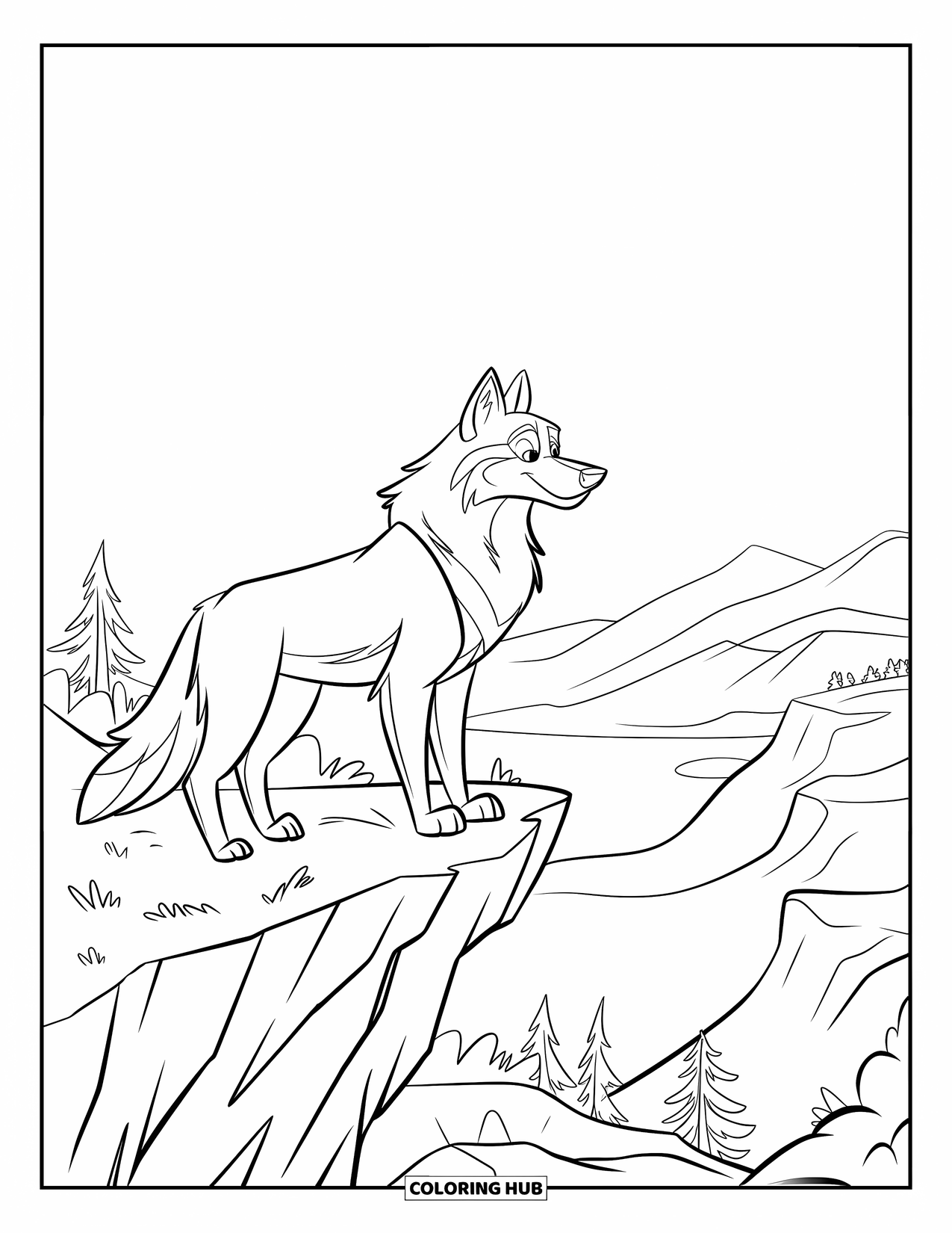 Kolorowanka z wilkiem dla dzieci: Wilk z obrożą stoi dumnie na klifie