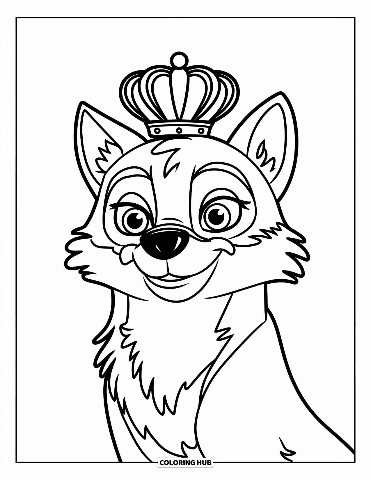 Kolorowanka z wilkiem dla dzieci: Wilk z koroną stoi dumnie na trawiastym polu