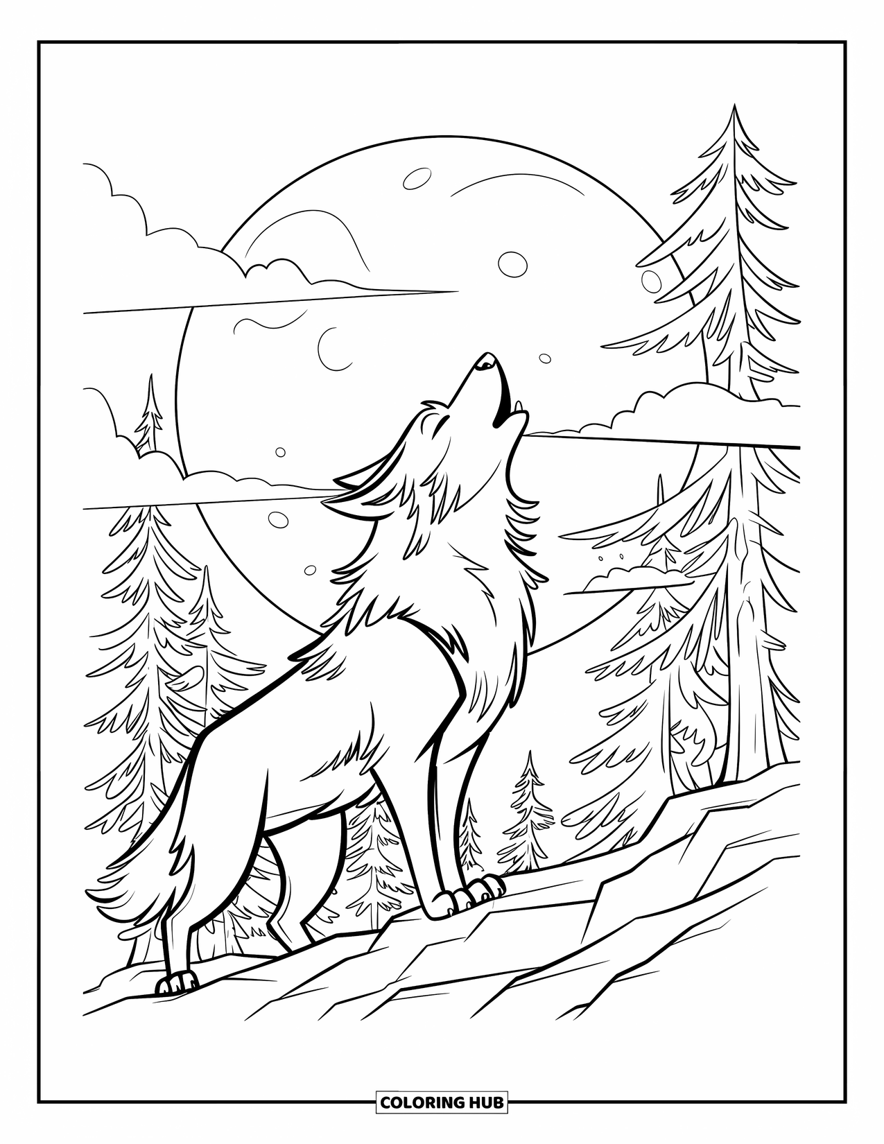 Kolorowanka z wilkiem dla dzieci: Wilk z puszystym futrem wyje do księżyca przy sosnach