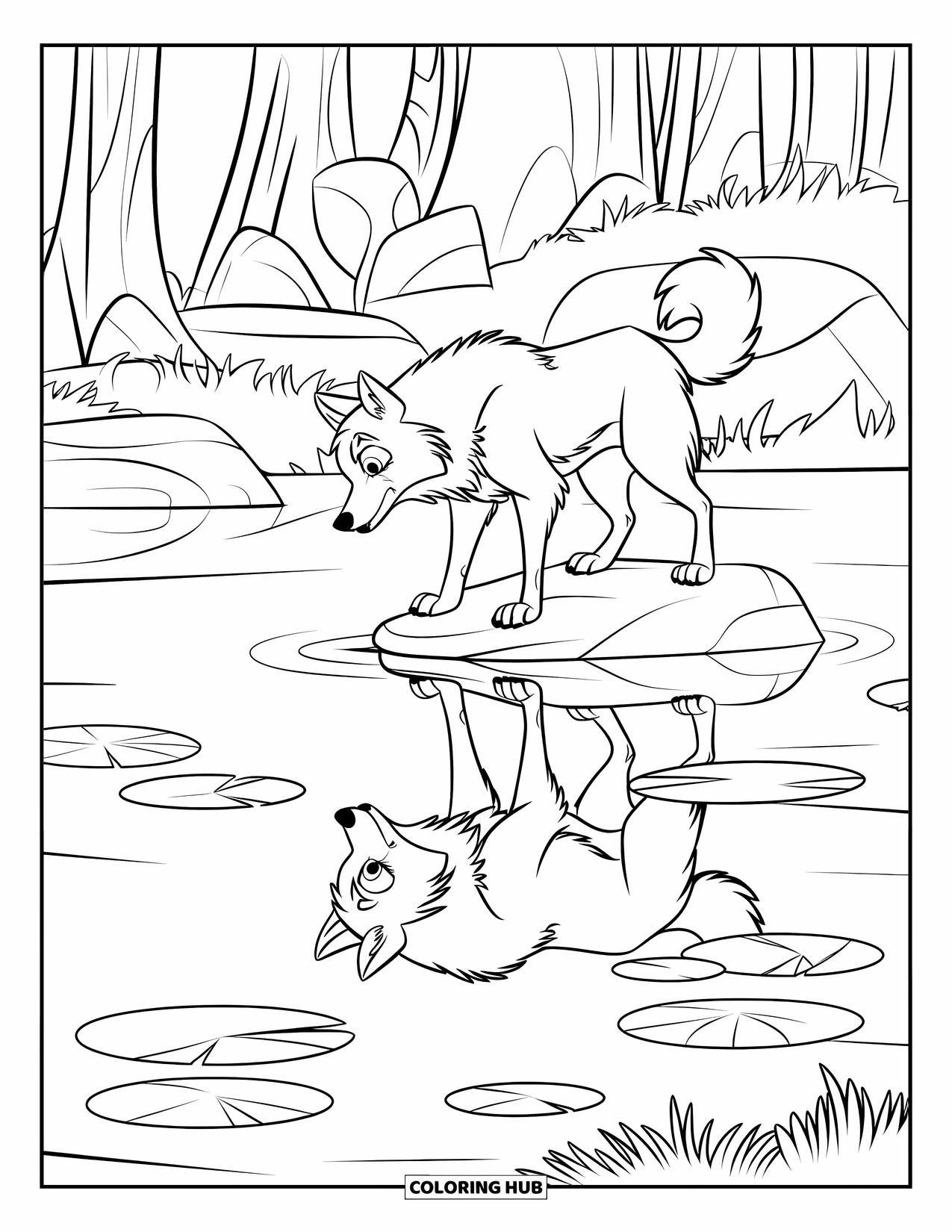 Kolorowanka z wilkiem dla dzieci: Wilk z puszystym ogonem wpatruje się w staw z liliami wodnymi