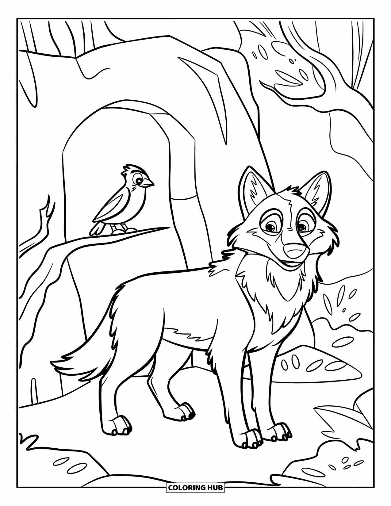 Kolorowanka z wilkiem dla dzieci: Wilk z przyjaznym wyglądem stoi w pobliżu jaskini i ptaka