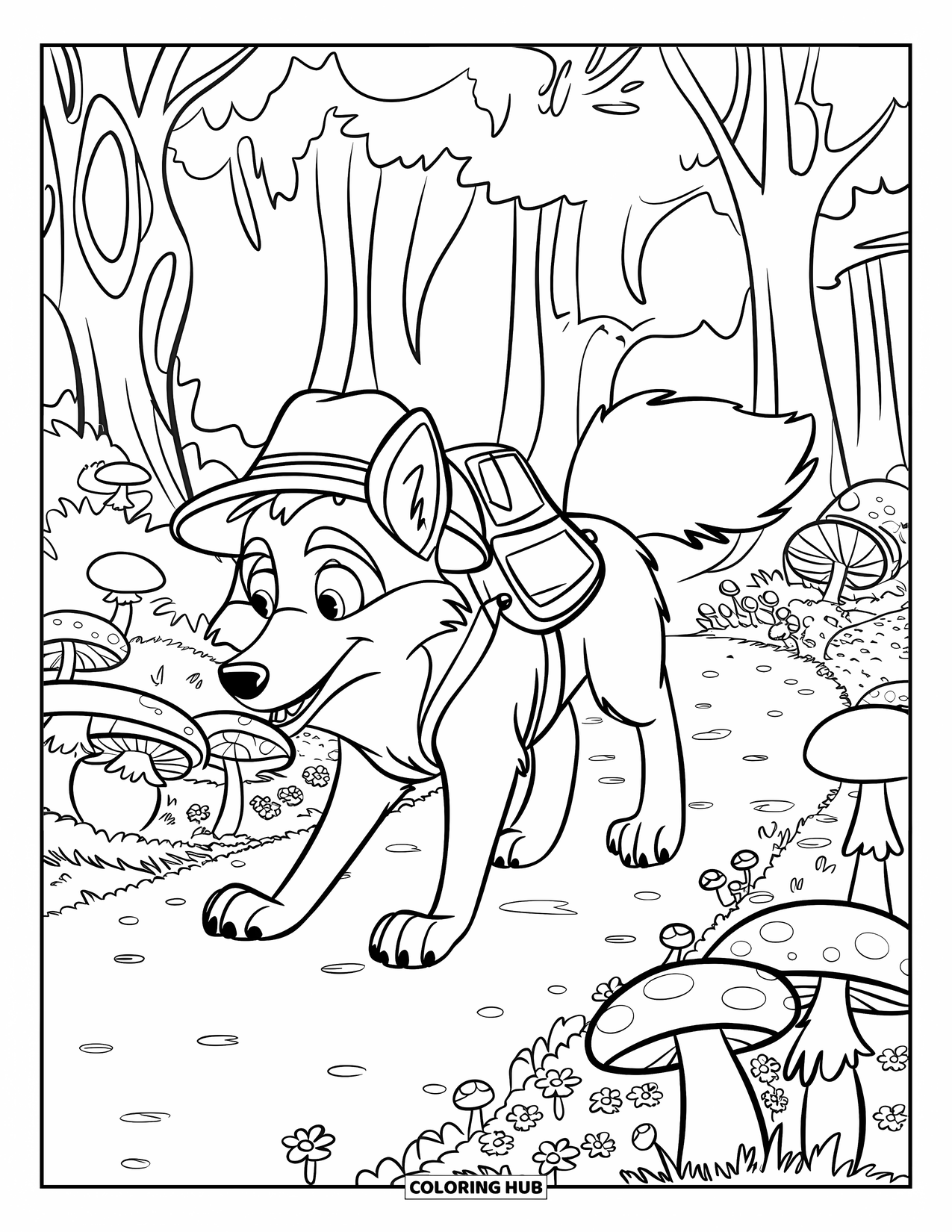 Kolorowanka z wilkiem dla dzieci: Wilk z zielonym kapeluszem eksploruje ścieżkę z grzybami i kwiatami