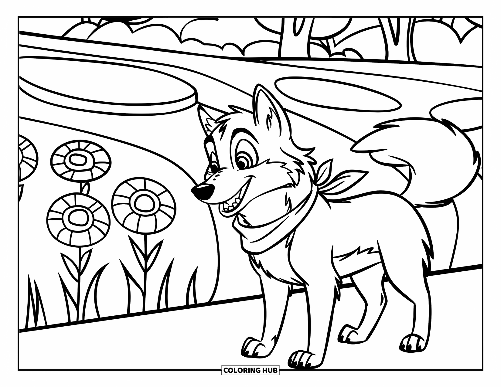 Kolorowanka z wilkiem dla dzieci: Wilk z czerwonym szalikiem stoi w pobliżu pola kwiatów