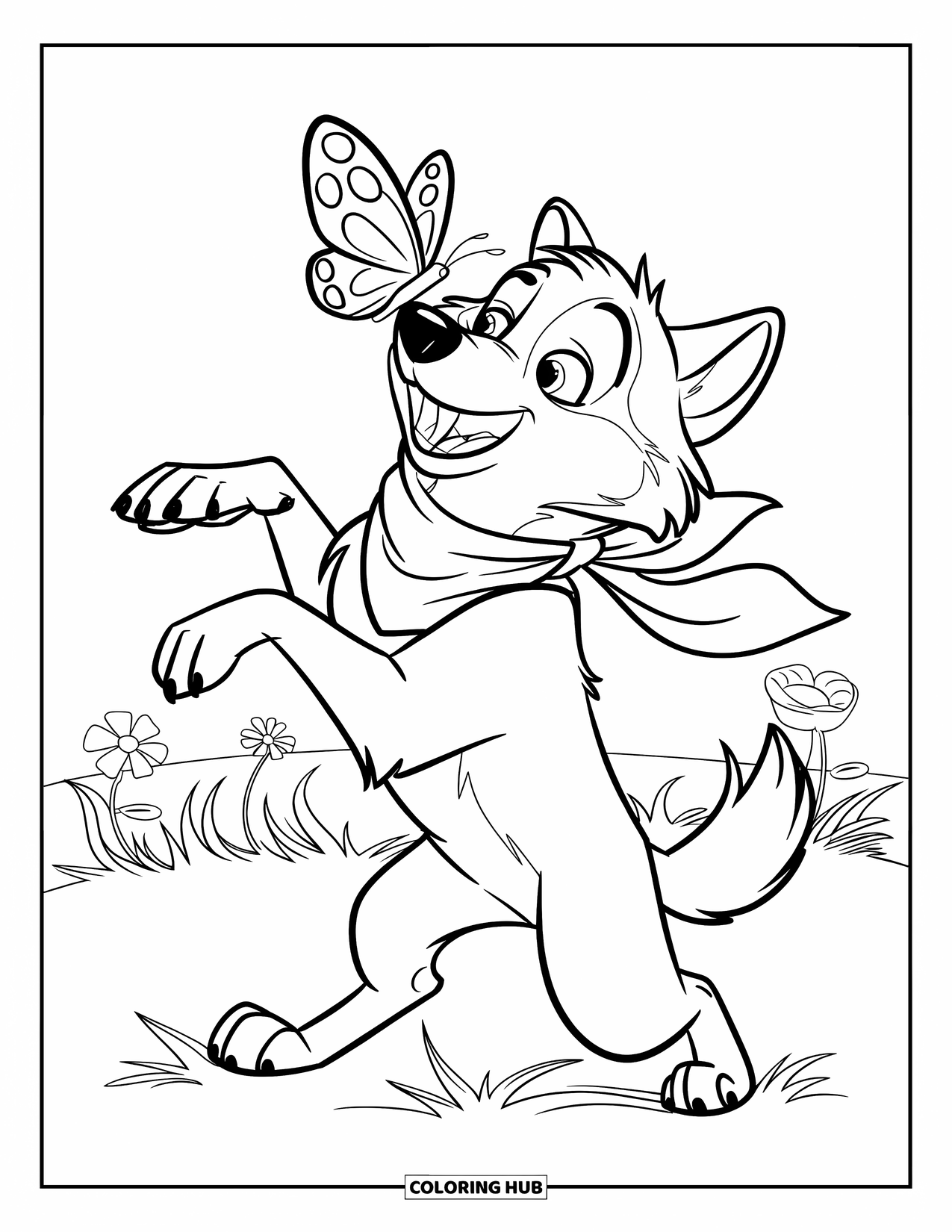 Kolorowanka z wilkiem dla dzieci: Wilk z szalikiem bawi się z motylem