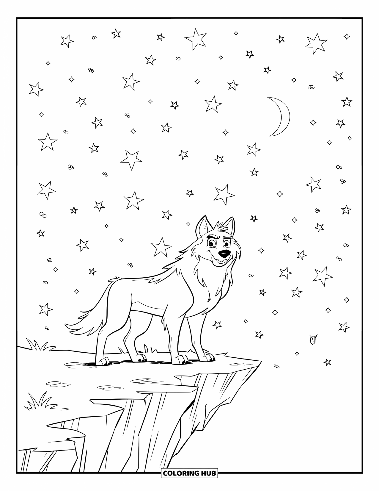 Kolorowanka z wilkiem dla dzieci: Wilk z grubą grzywą stoi na klifie z gwiazdami powyżej