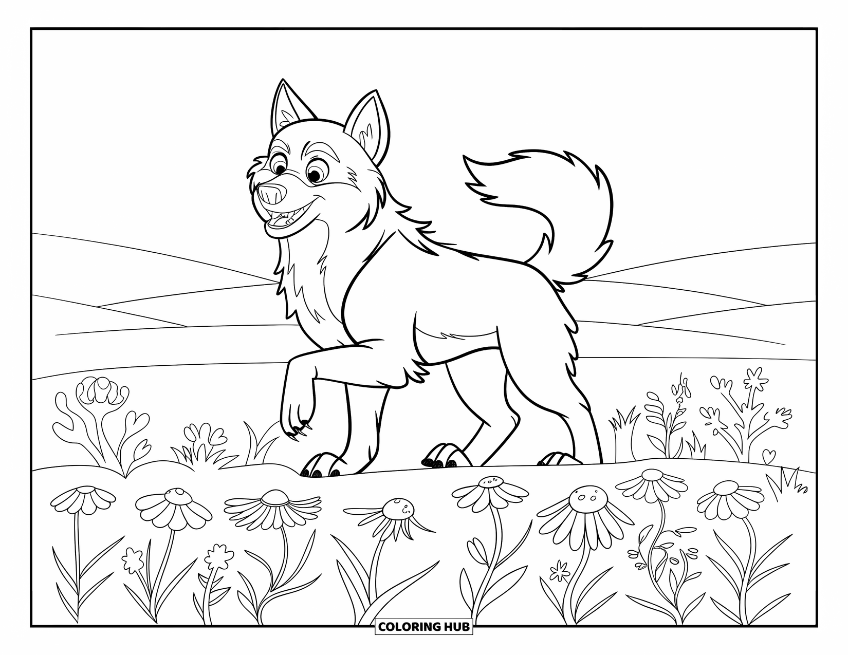 Kolorowanka z wilkiem dla dzieci: Wilk z merdającym ogonem stoi przy polu kwiatów