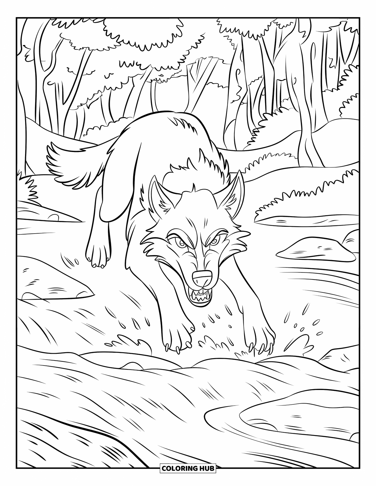 Kolorowanka z wilkiem dla dzieci: Wilk z ostrymi zębami przeskakuje przez skały w szybkiej rzece