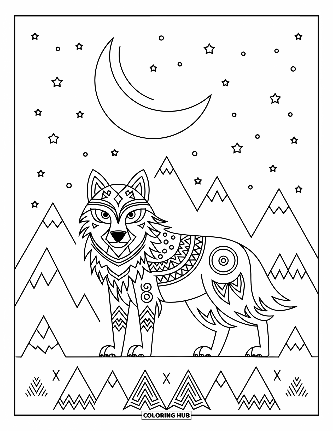 Kolorowanka z wilkiem dla dzieci: Wilk z plemiennymi wzorami i sierpem księżyca powyżej