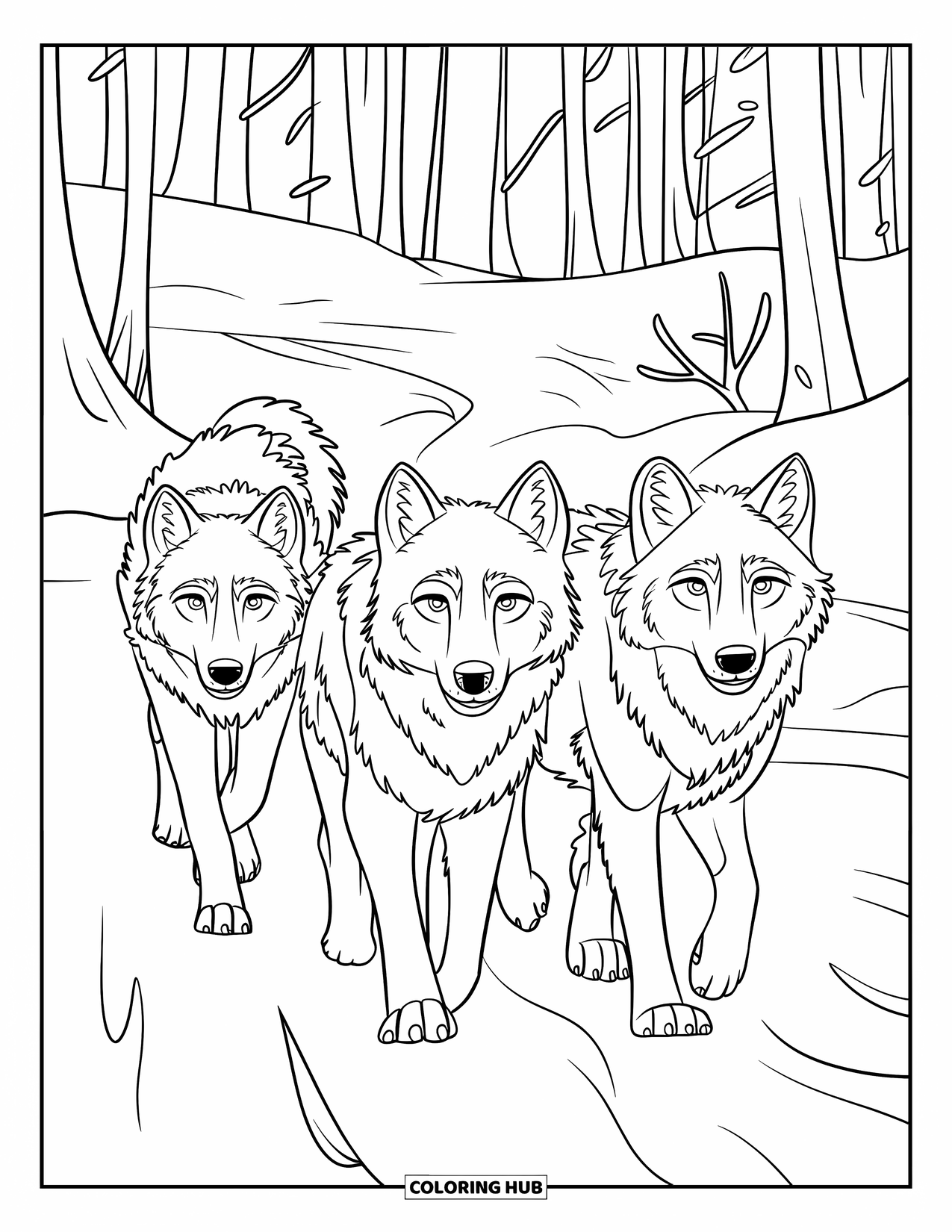 Kolorowanka z wilkiem dla dzieci: Trzy wilki idą razem przez śnieżny las