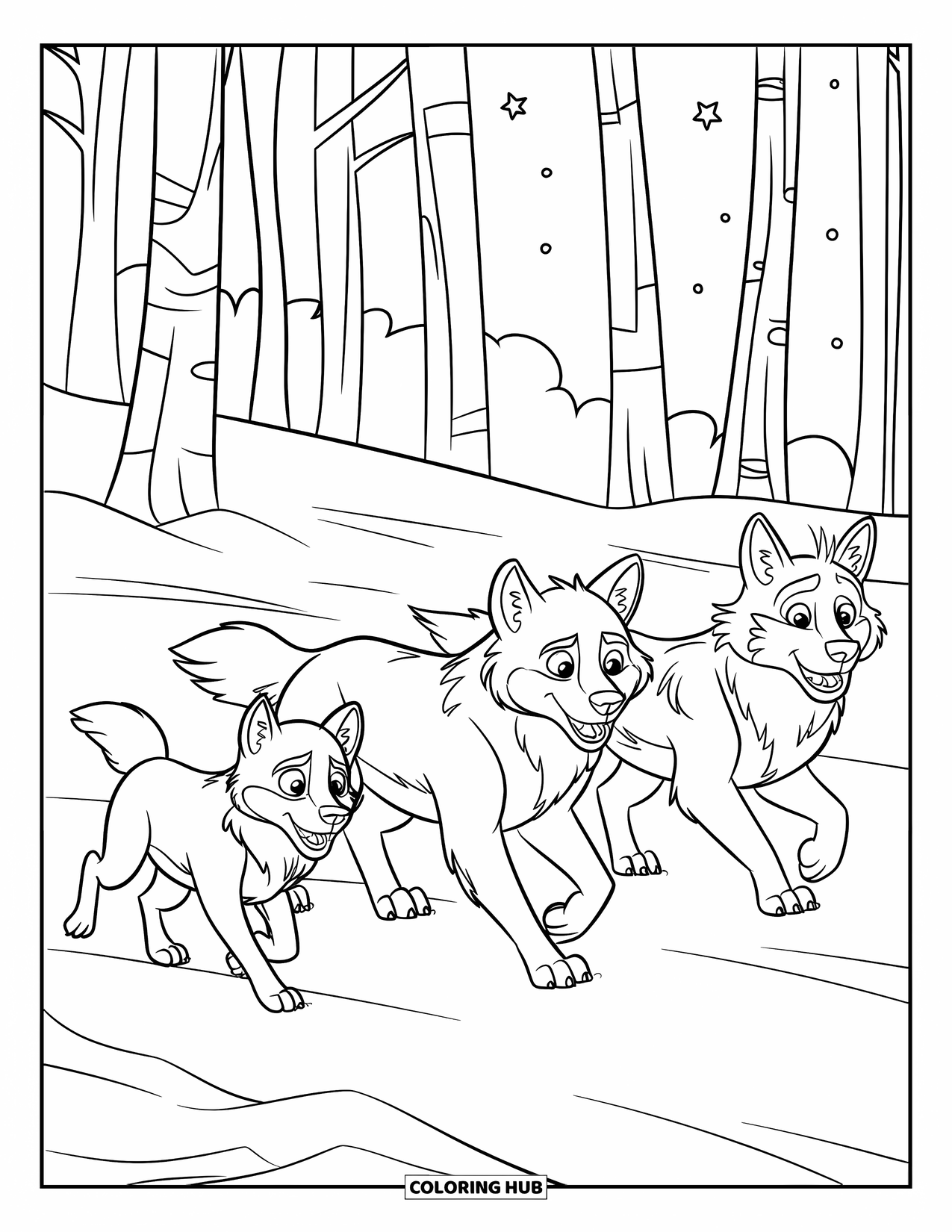 Kolorowanka z wilkiem dla dzieci: Trzy wilki z różnymi wyrazami twarzy idą przez śnieżny las