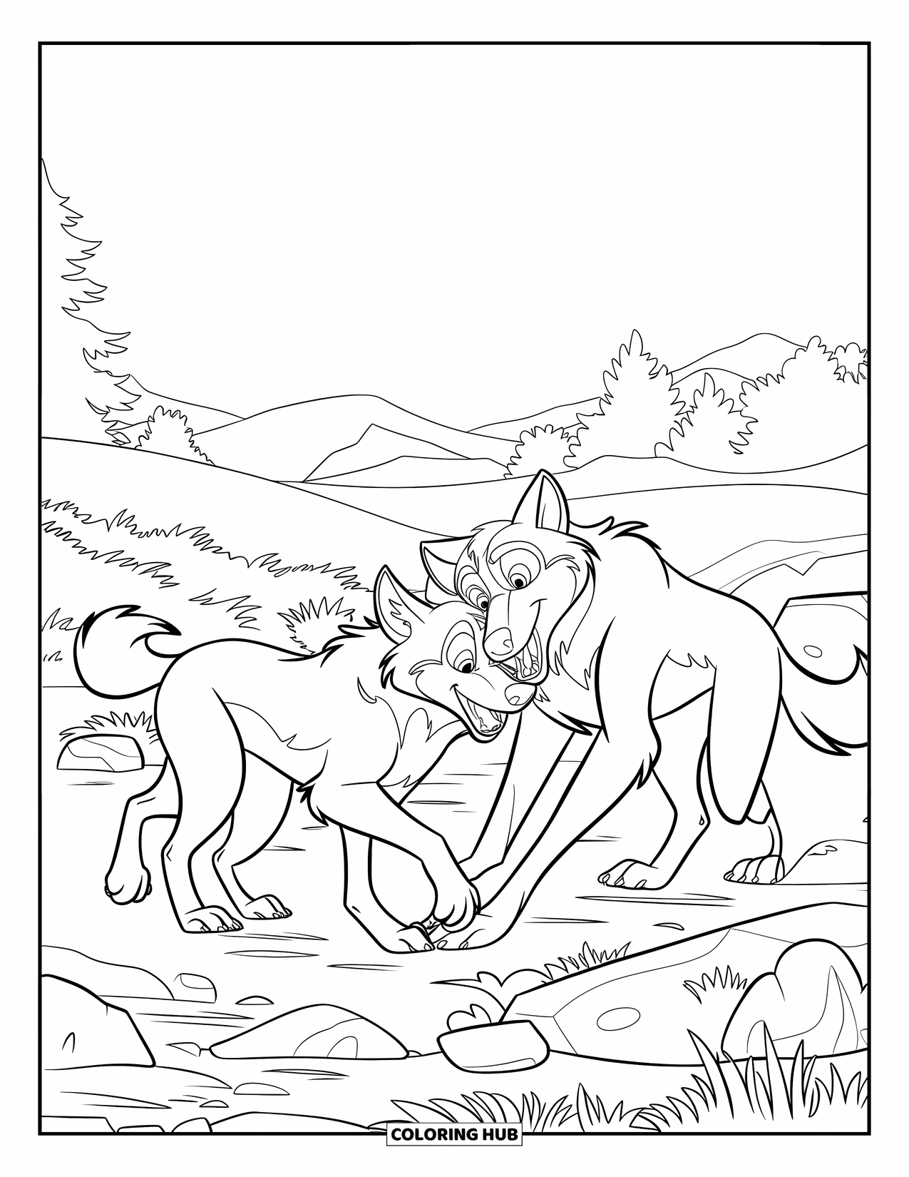 Kolorowanka z wilkiem dla dzieci: Dwa figlarne wilki baraszkują w pobliżu trawiastego brzegu rzeki