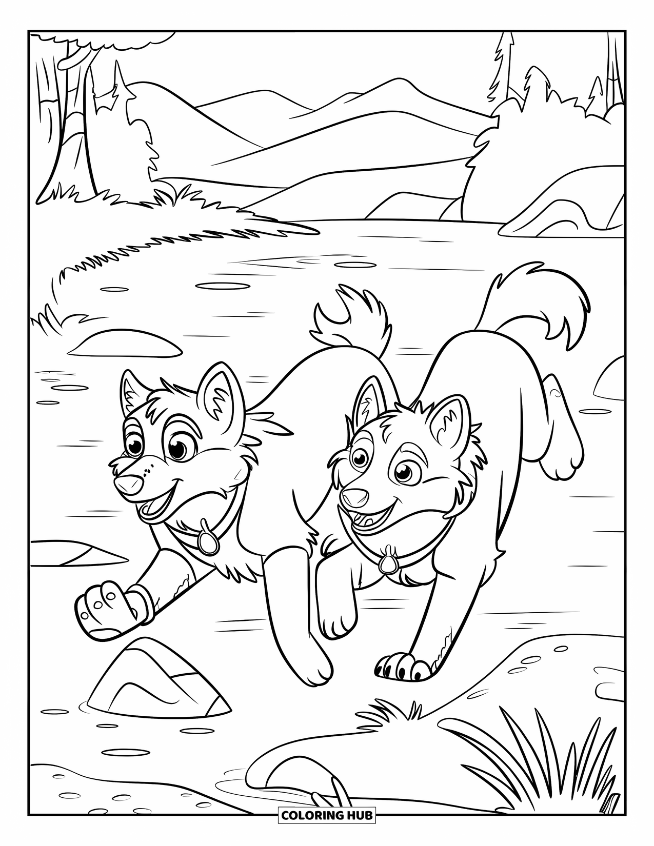 Kolorowanka z wilkiem dla dzieci: Dwa wilki bawią się nad brzegiem rzeki ze skałami i trawą