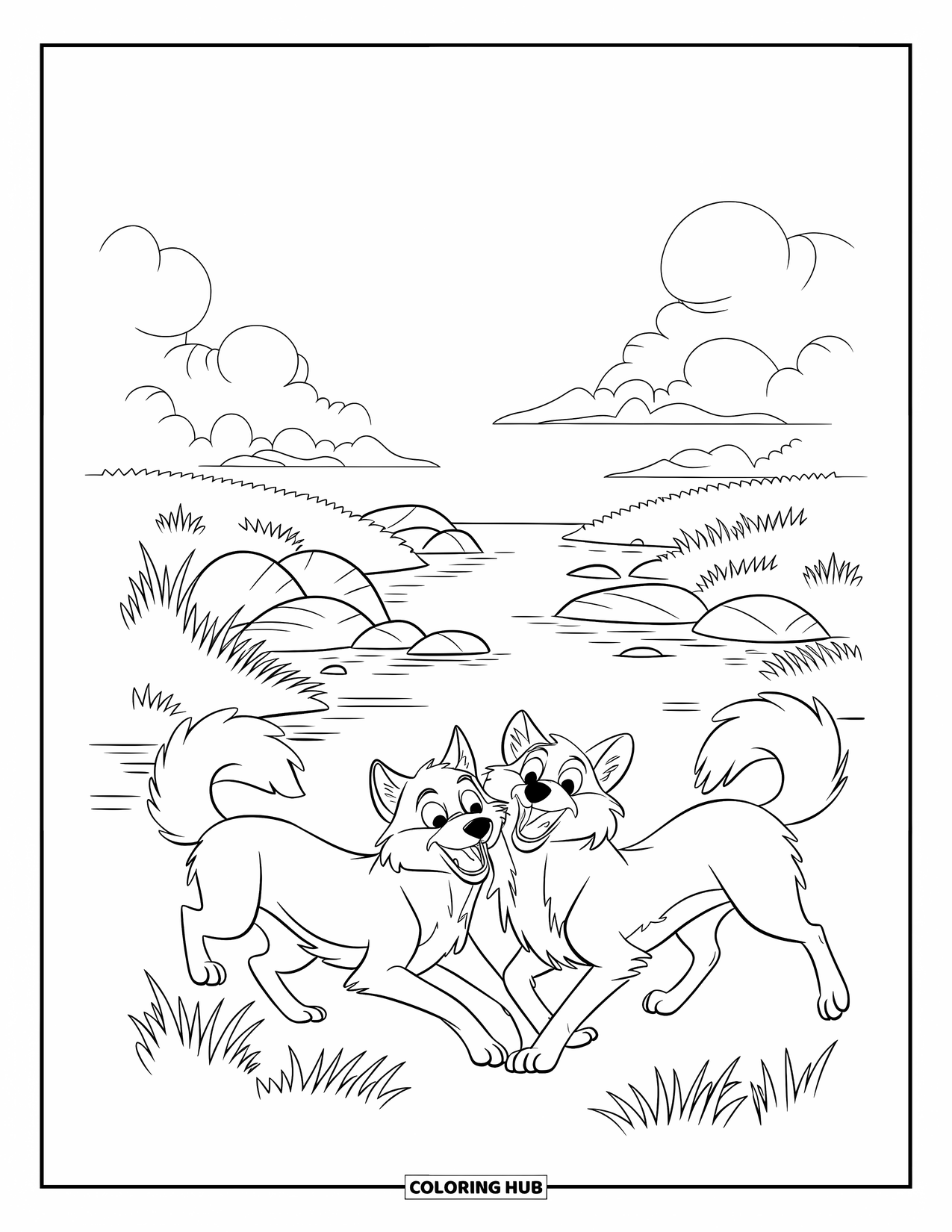 Kolorowanka z wilkiem dla dzieci: Dwa wilki bawią się w pobliżu brzegu rzeki z otaczającymi skałami i drzewami