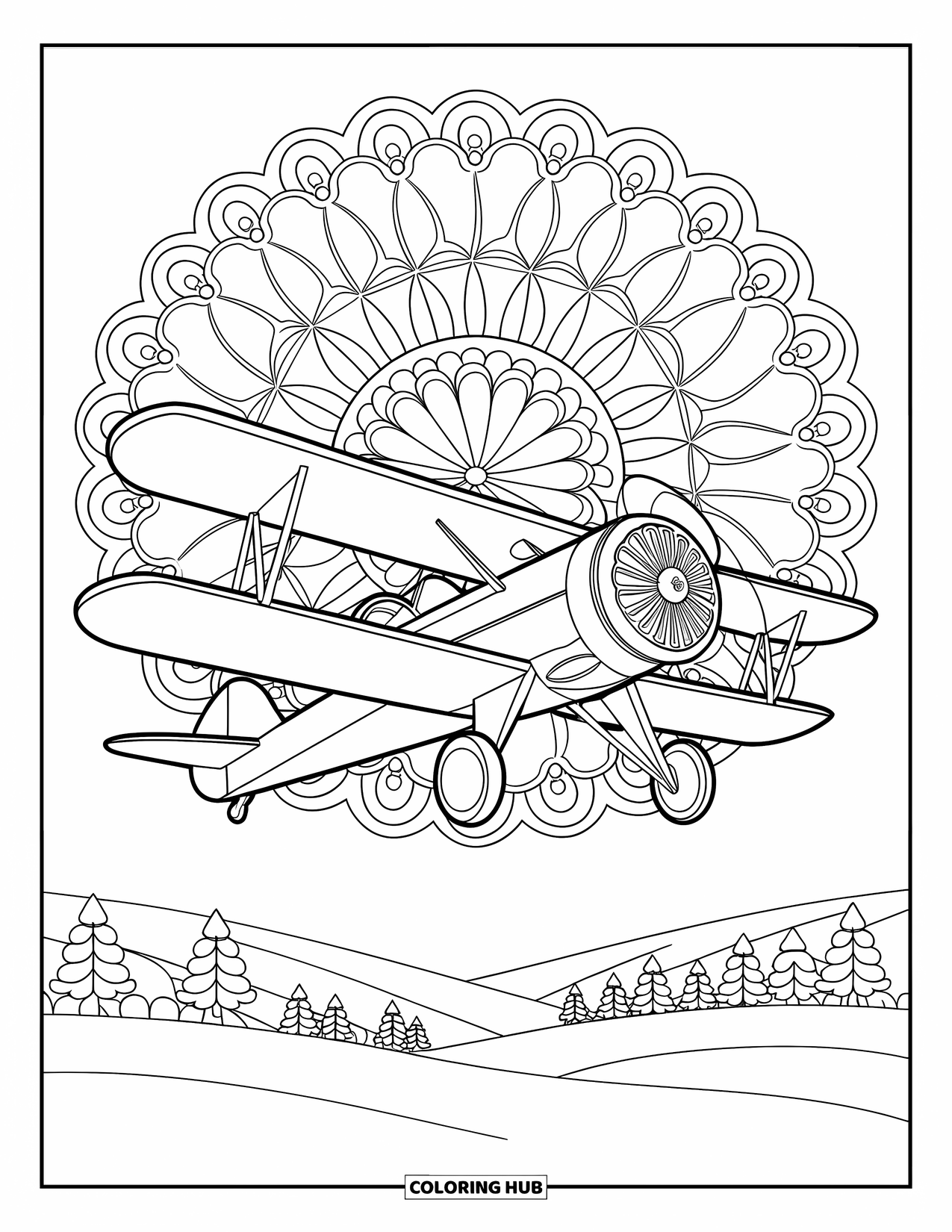 Kolorowanka z samolotem dla dorosłych: Dwupłatowiec przelatuje obok nieba z kwiatowymi mandalami i spokojnymi wzgórzami