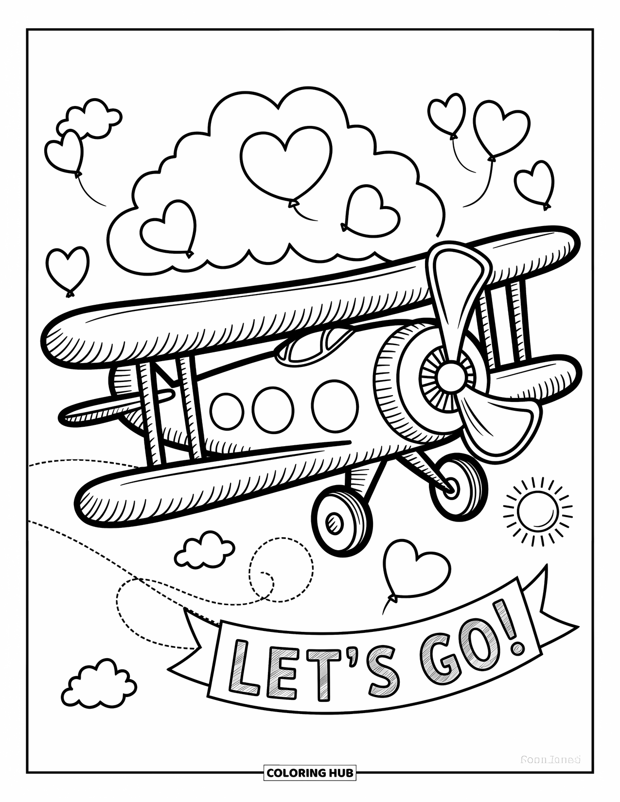 Kolorowanka z samolotem dla dorosłych: Dwupłatowiec przelatuje obok chmur w kształcie słońca ze śladami wirów i banerem „Ruszamy!”