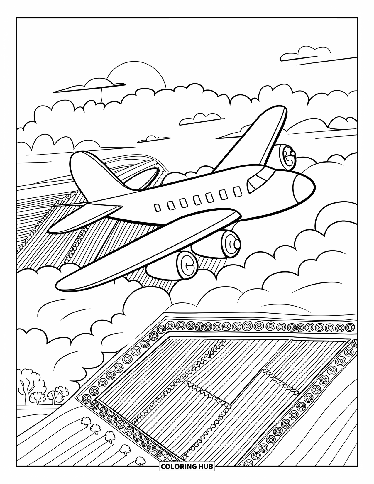 Kolorowanka z samolotem dla dorosłych: Samolot z wyraźnym obrysem leci nad polami i drzewami z zachodzącym słońcem w tle