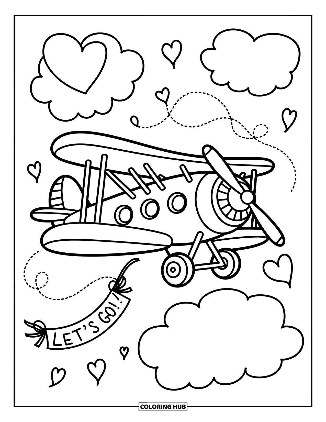 Kolorowanka z samolotem dla dorosłych: Wesoły dwupłatowiec pędzi po zakręconym niebie z balonami i zabawnym banerem