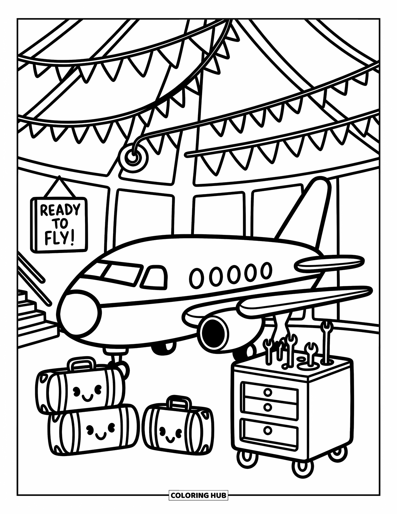 Kolorowanka z samolotem dla dorosłych: Wesoła scena w hangarze przedstawia odpoczywający samolot z przyjaznym bagażem i flagami proporczykami