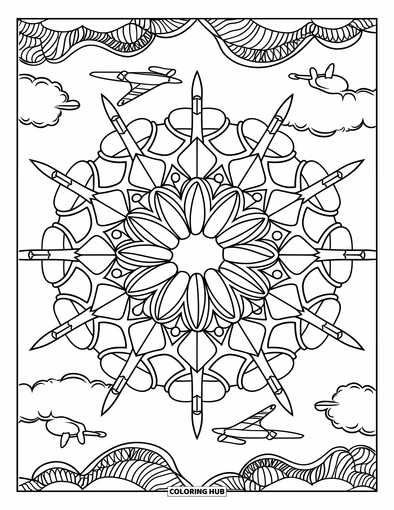 Kolorowanka z samolotem dla dorosłych: Okrągły wzór mandali łączy kształty samolotów z puszystymi wzorami chmur