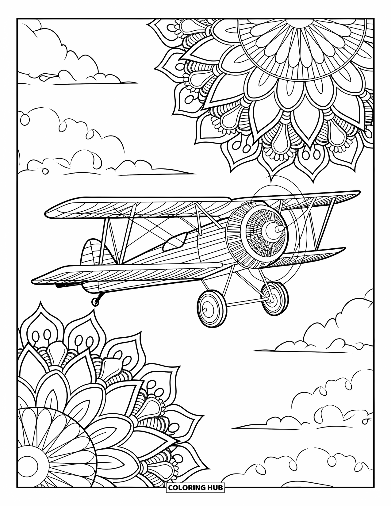 Kolorowanka z samolotem dla dorosłych: Klasyczny dwupłatowiec leci pod niebem wypełnionym wzorami przypominającymi kwiaty i chmury