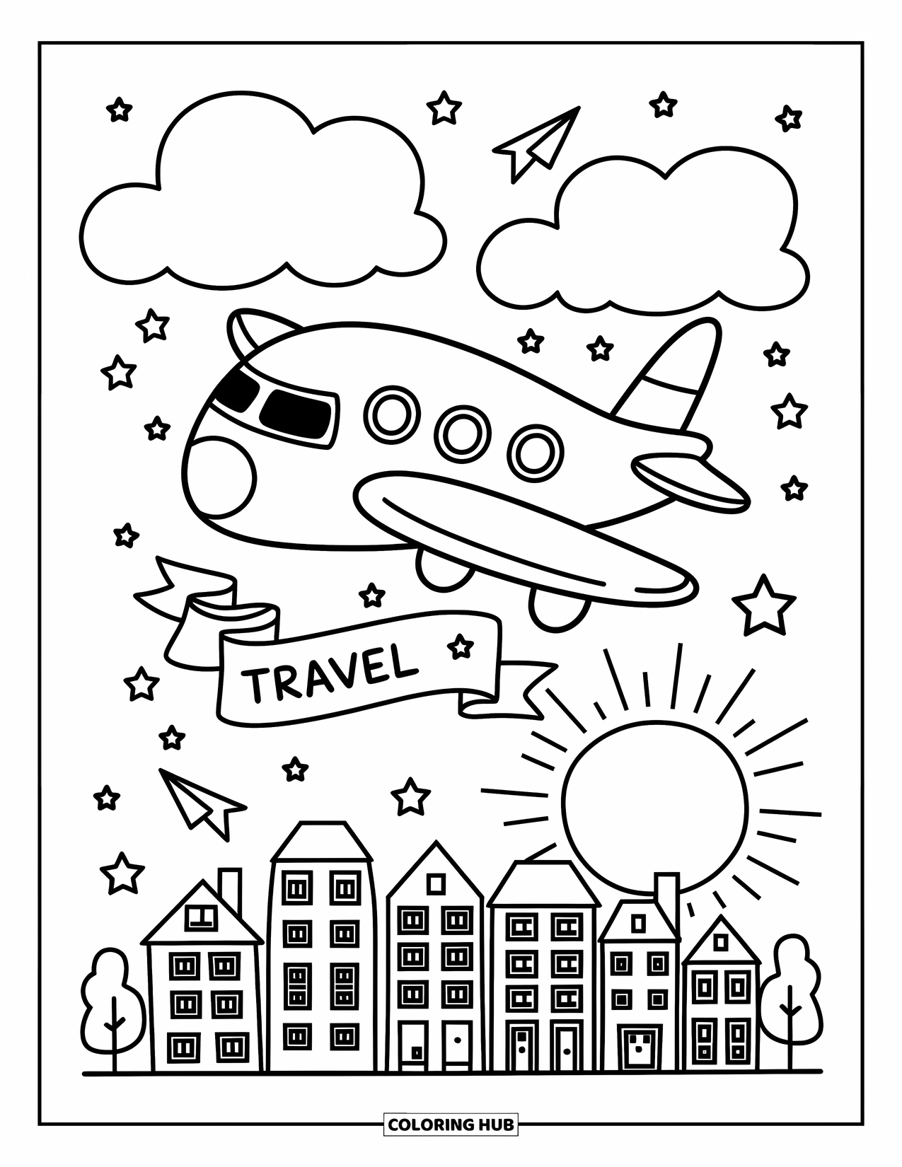 Kolorowanka z samolotem dla dorosłych: Uroczy samolot szybuje nad przytulnymi chmurami i małym, oświetlonym słońcem miasteczkiem