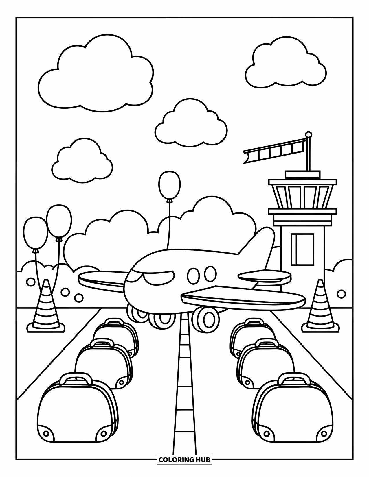 Kolorowanka z samolotem dla dorosłych: Uroczy samolot stoi w pobliżu stożków z balonów, uśmiechniętych toreb i wesołej wieży kontrolnej